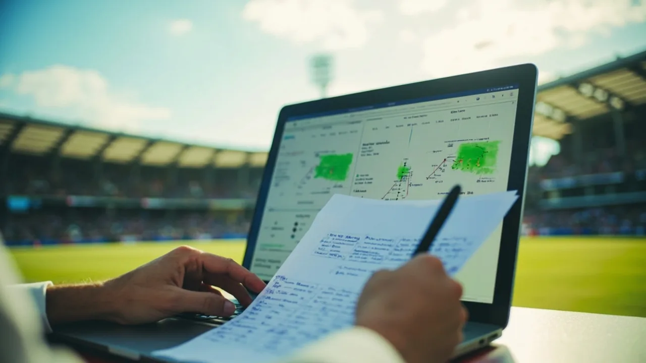 Fantasy cricket analyst checking weather playing XI and pitch notes before team lock