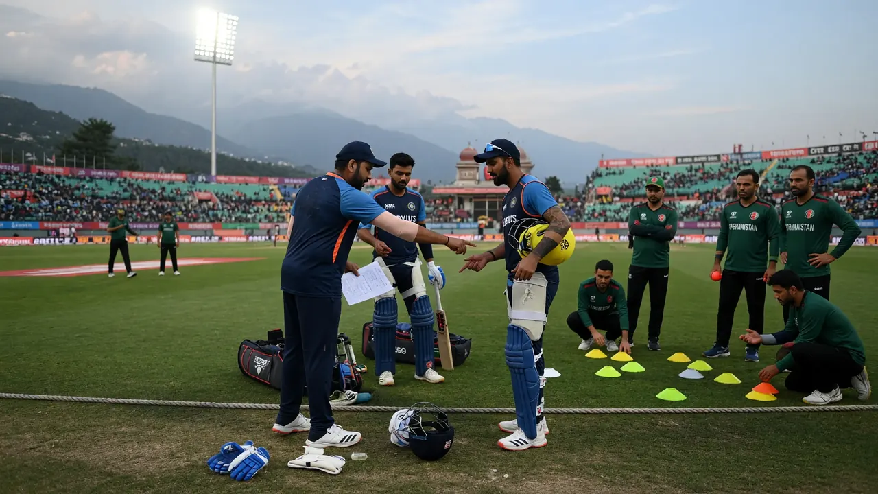 Fielders and a bowler adjusting positions on a sunlit cricket field during a tactical break in play