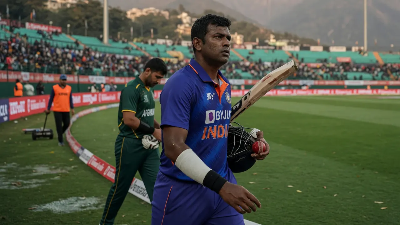 A batter in white kit completing a drive during an ODI, with the ball just leaving the bat and the field blurred behind