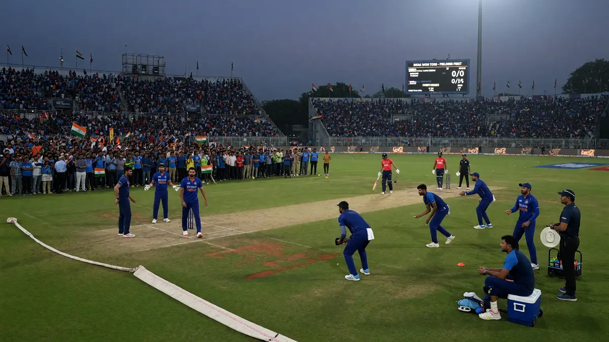 Wide night view of a packed cricket ground under floodlights before a T20 international