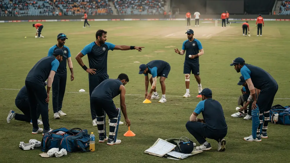 Fielders set inside the circle during a T20 international as the bowler runs in