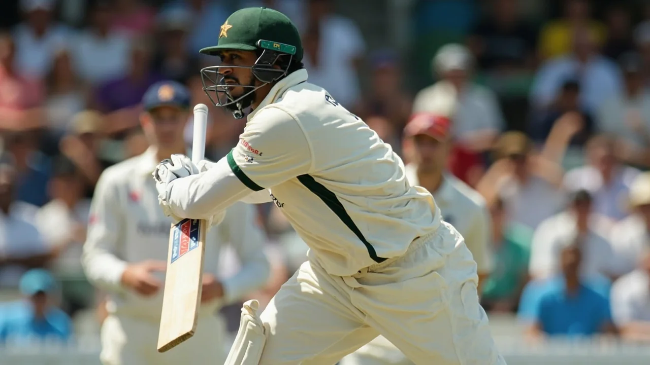A fast bowler in delivery stride on a sunlit Test pitch, ball just released toward the batter
