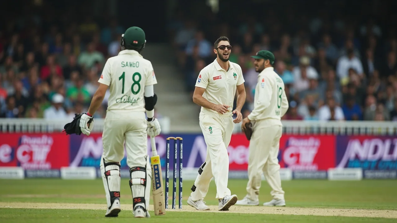 A fielding captain and slip fielder discussing a tactical change during a Test match on a sunlit afternoon